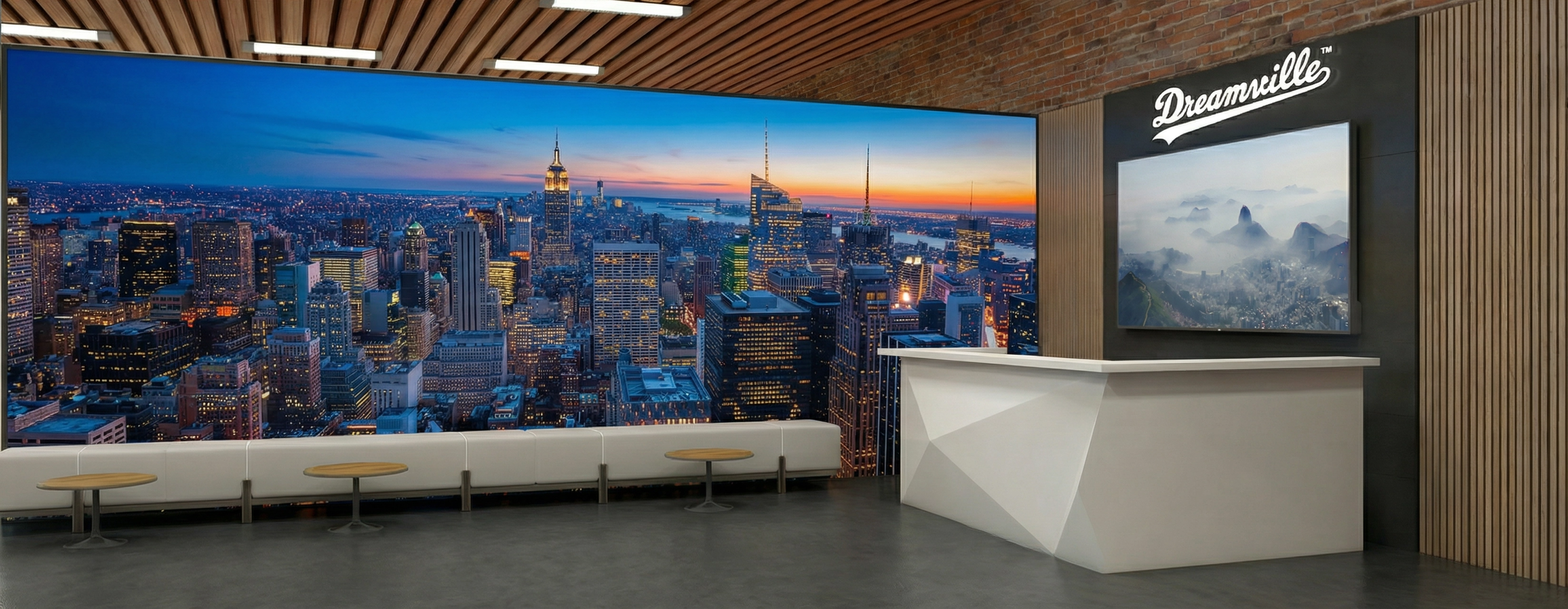 Rendered lobby of Dreamville with reception and media wall